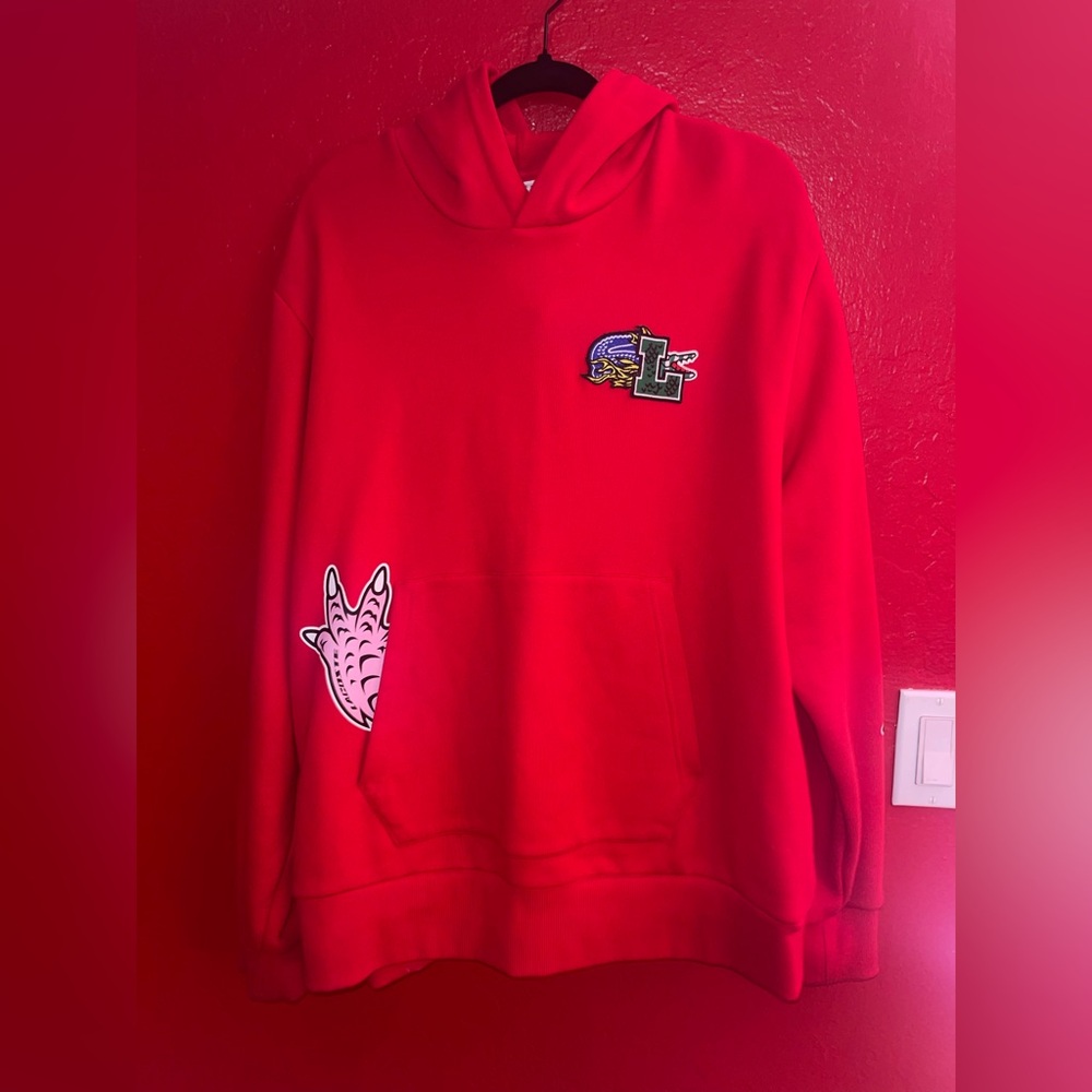 Lacoste Special Edition Red Hoodie with Graphic Patches